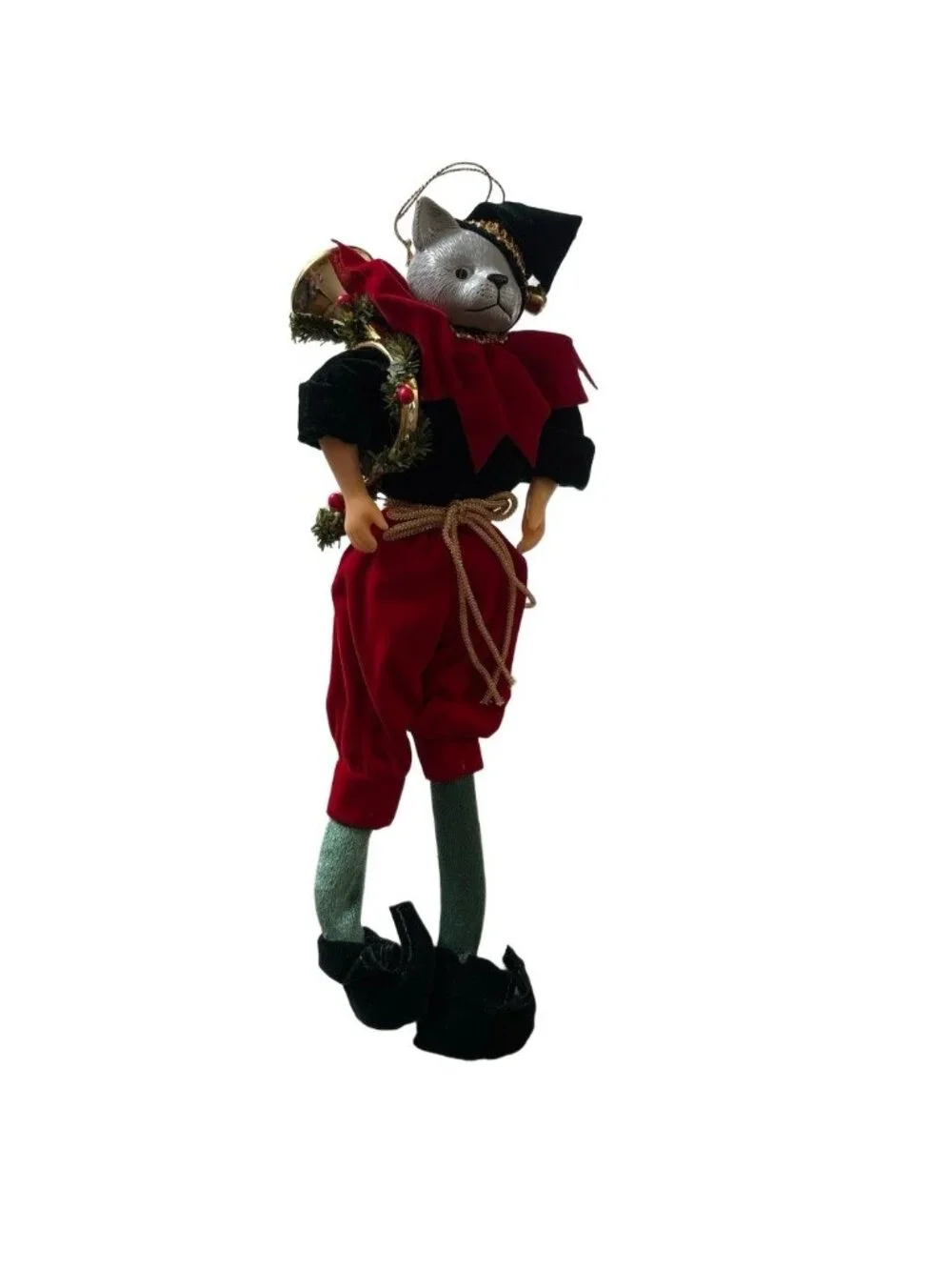 Christmas Ornament Figurine Black Red Gold Jester Cat Bells Holiday